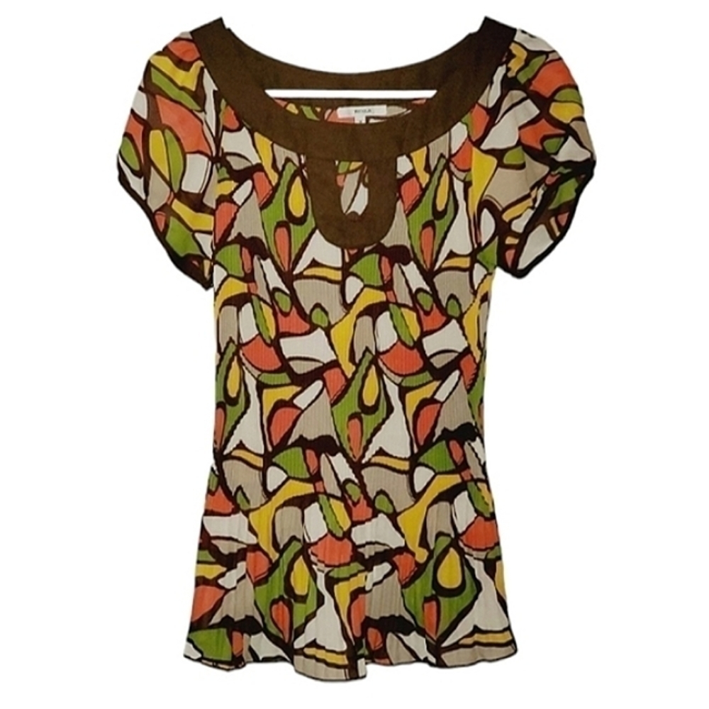 1133 * Nicola Abstract Print Accordion Top Brown Green Size S Vintage